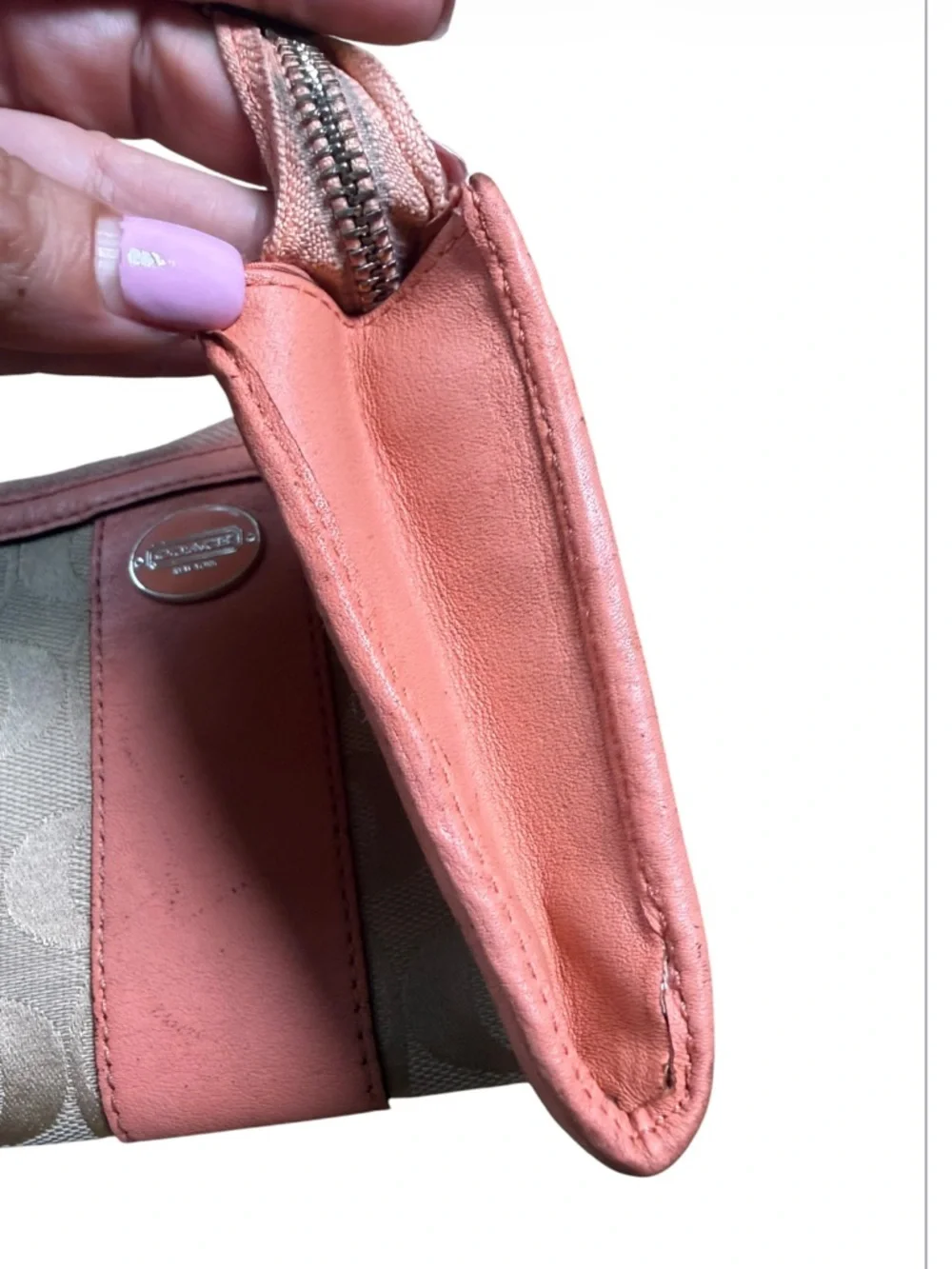 Coach Vintage Y2K Wristlet Pink/ Coral color Signature C Jaquard Canvas Leather - Picture 9 of 14